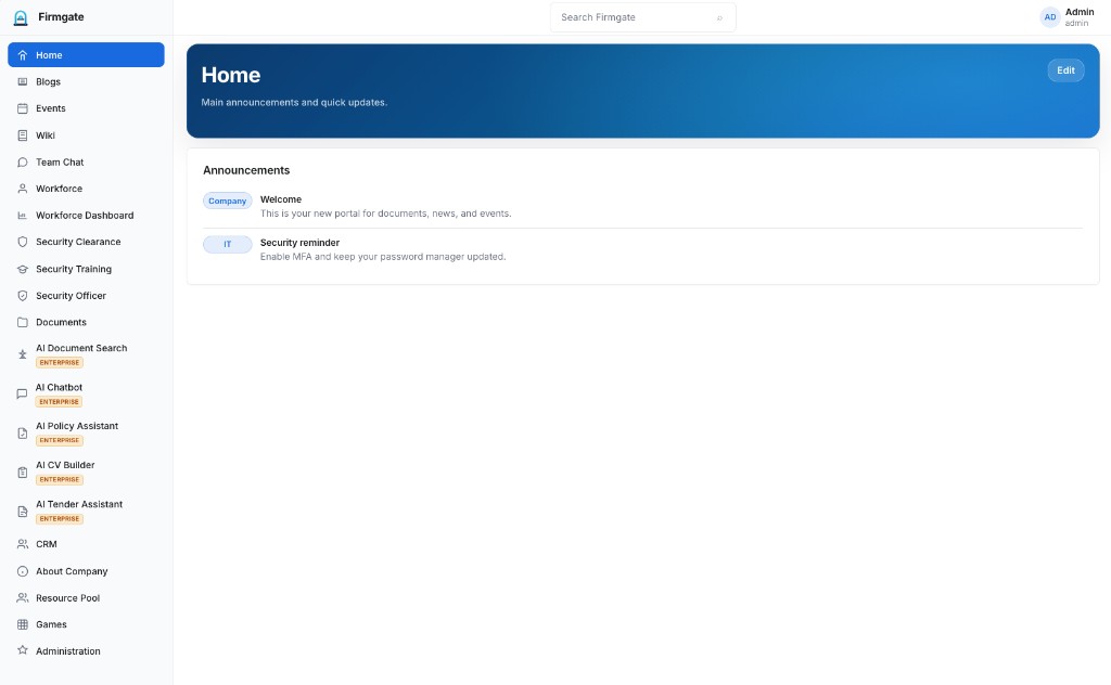 FirmGate Enterprise intranet dashboard with AI modules and announcements